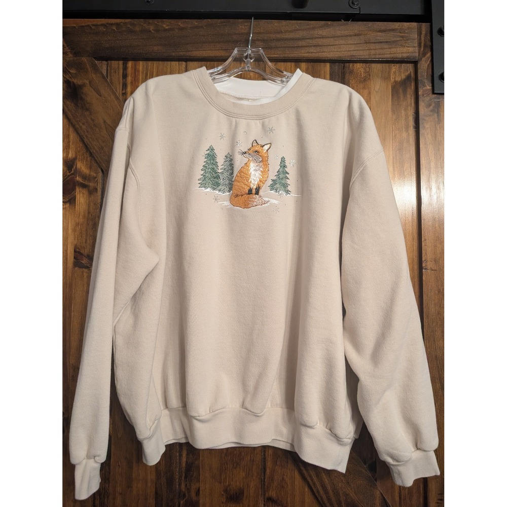 Morning Sun Embroidered Fox Rhinestone Snowflake Sweatshirt Beige 2XL